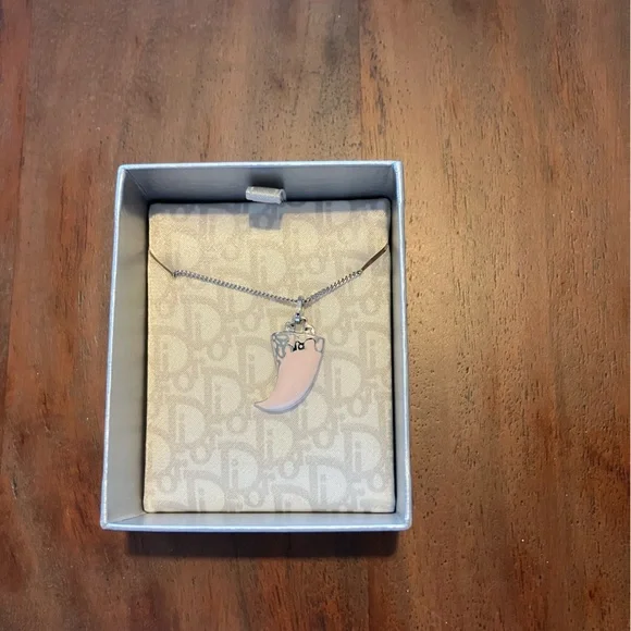 Dior Silver Chain with Pink fang necklace rare nwot - Picture 1 of 5
